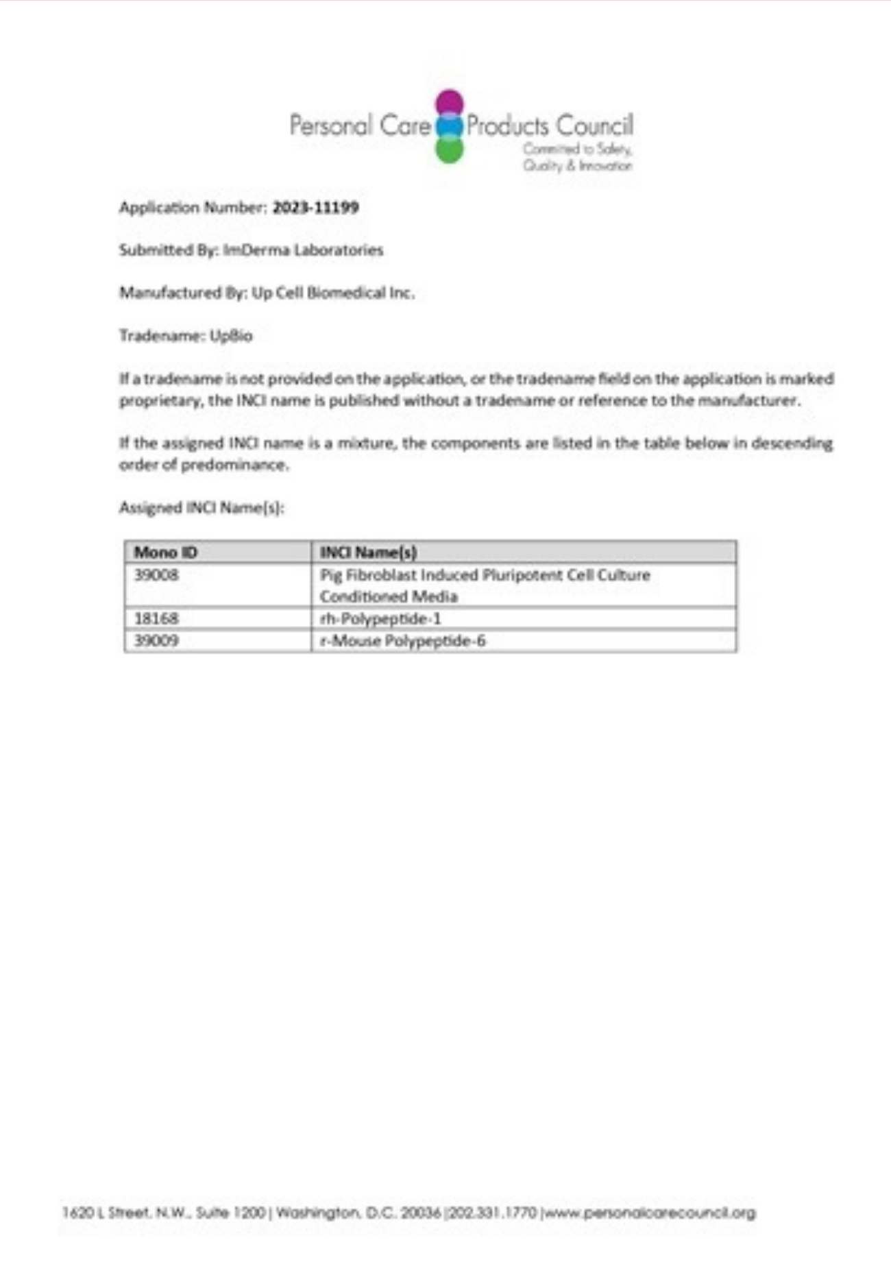 INCI 證書 — Application 2023-11199
