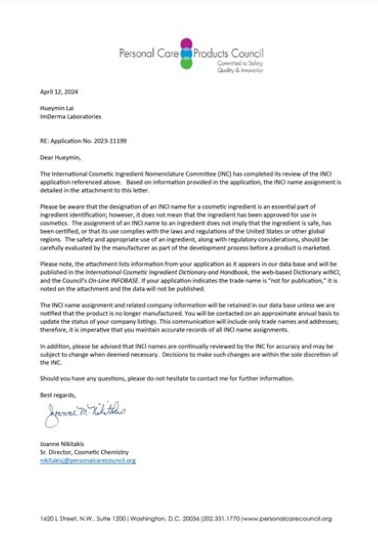 INCI 證書 — Letter from Personal Care Products Council
